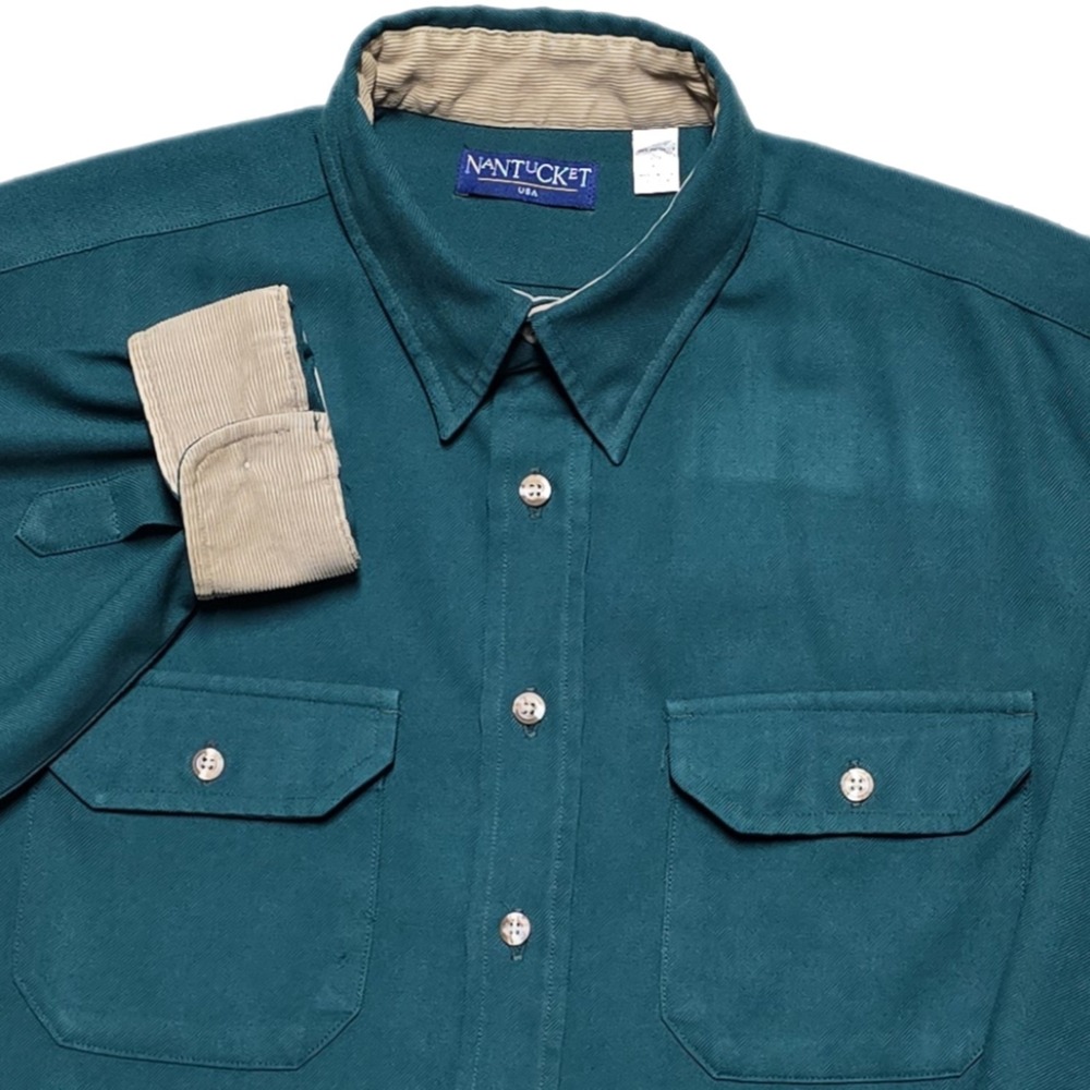 70s VTG Nantucket Green Flannel Shirt Corduroy Flip Cuff Mens XL Made‎ In USA